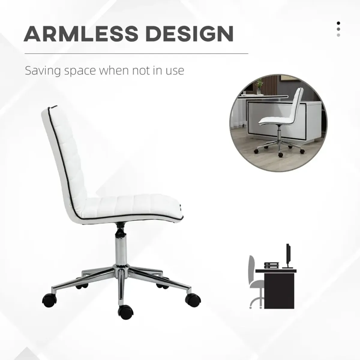 White Office Swivel: Designer Armless Task Chair with Ribbed Leather