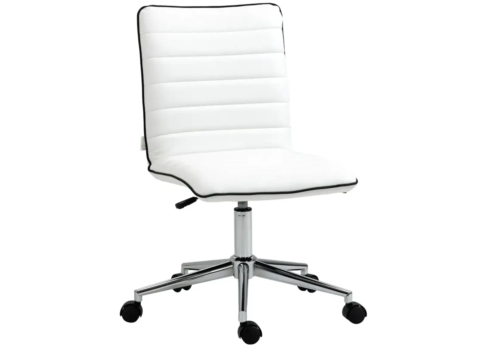 White Office Swivel: Designer Armless Task Chair with Ribbed Leather