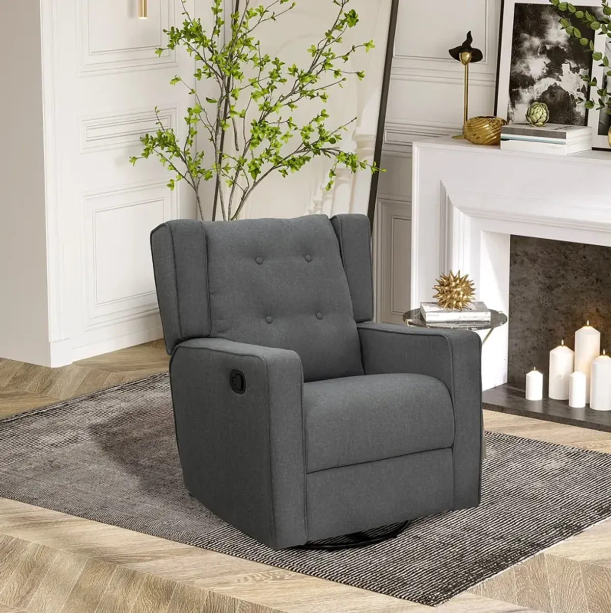 Grey Relaxation Station: Linen Fabric Swivel Gliding Recliner