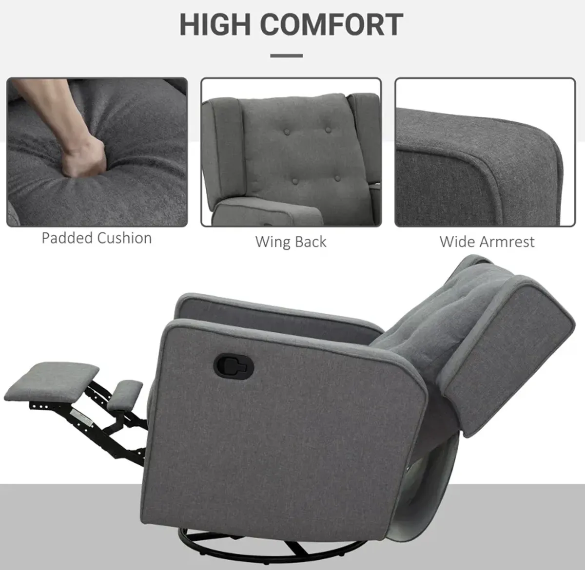 Grey Relaxation Station: Linen Fabric Swivel Gliding Recliner