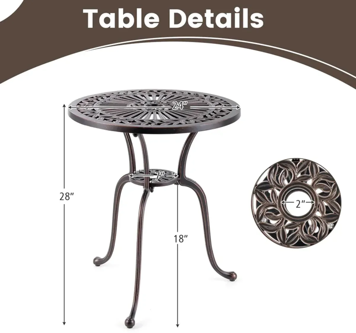 24 Inch Round Cast Aluminum Table Patio Dining Bistro Table with 2 Inch Umbrella Hole-Copper