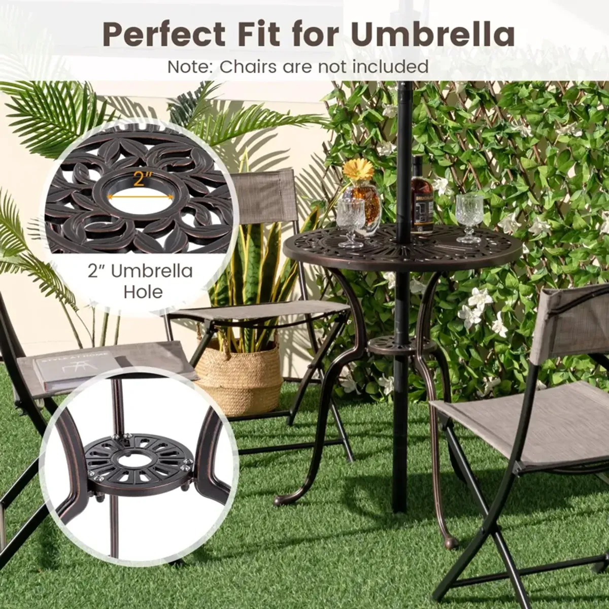 24 Inch Round Cast Aluminum Table Patio Dining Bistro Table with 2 Inch Umbrella Hole-Copper