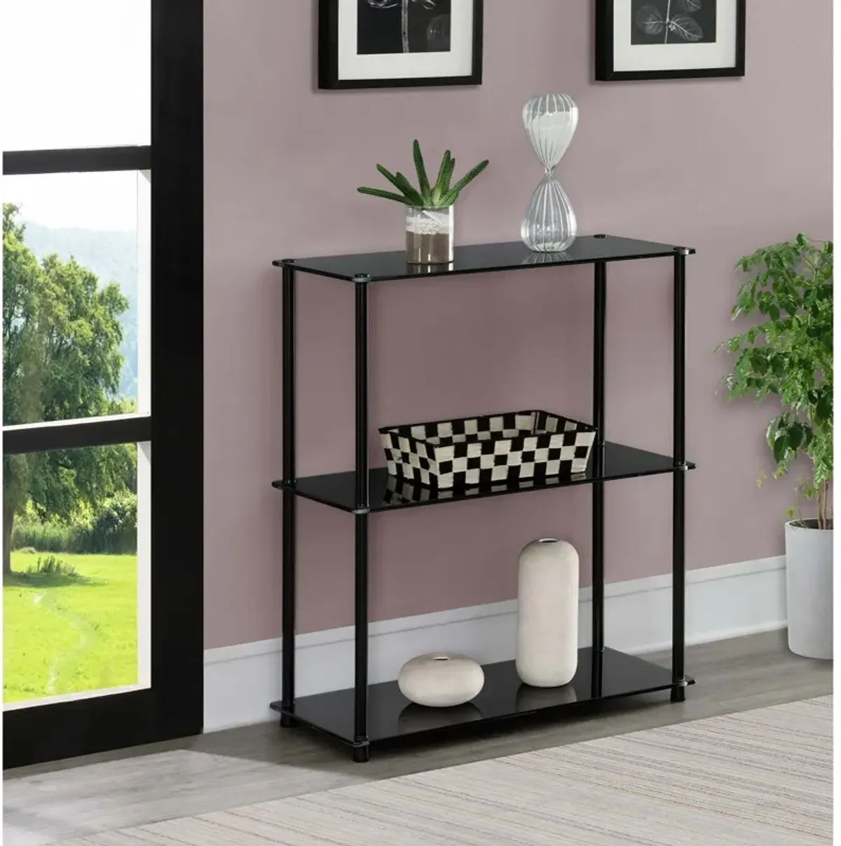 Convenience Concepts Designs2Go Classic Glass 3 Shelf Bookshelf, Black Glass