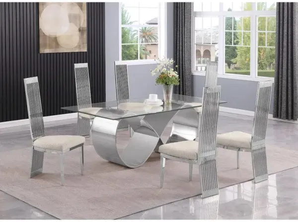 Best Quality Furniture 7Pc Tempered Glass Dining Set With 6 Cream Boucle Fabric Side Chairs