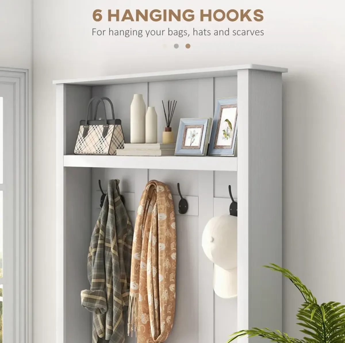 White Hall Tree Bench: Shoe Storage, Hooks, Shelf, for Entryway