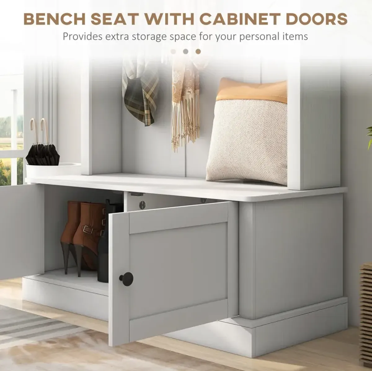 White Hall Tree Bench: Shoe Storage, Hooks, Shelf, for Entryway