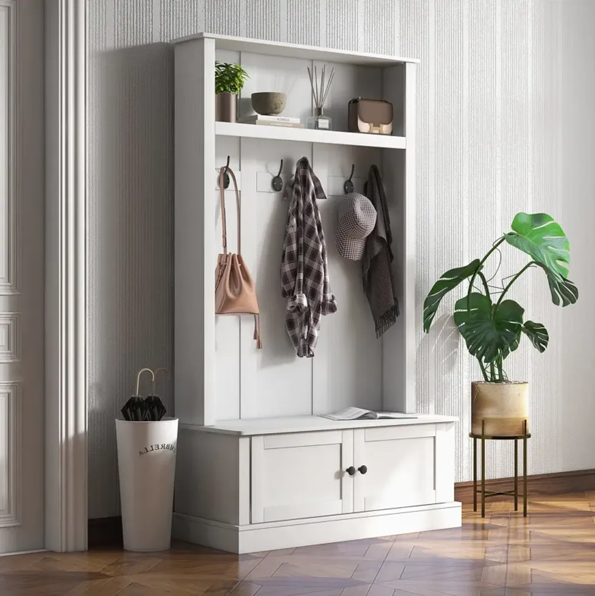 White Hall Tree Bench: Shoe Storage, Hooks, Shelf, for Entryway