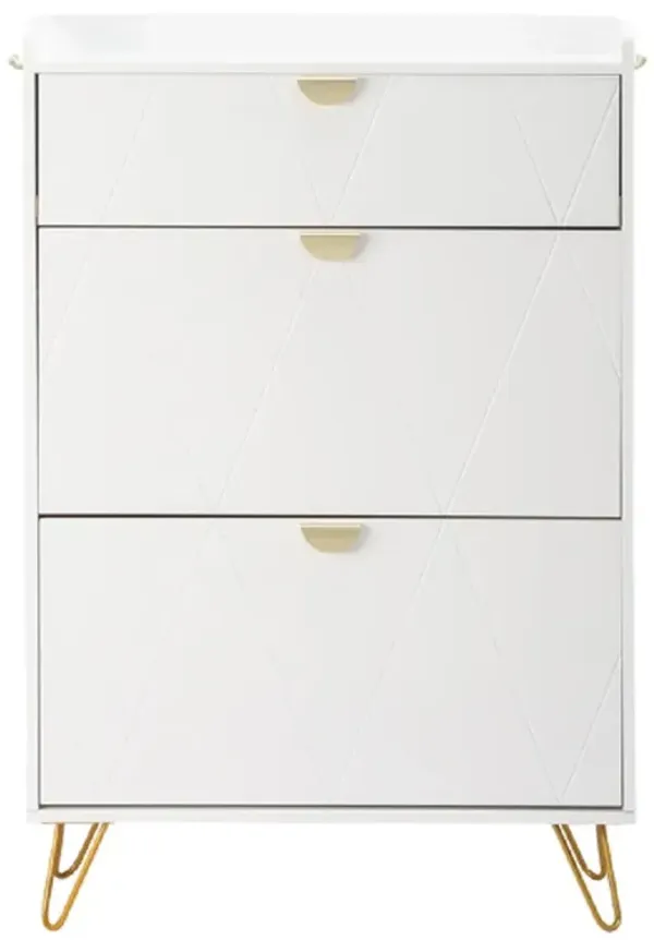 Elegant Entryway Shoe Cabinet, V-Carved Doors with 2 Drawers & Flip-Top Storage