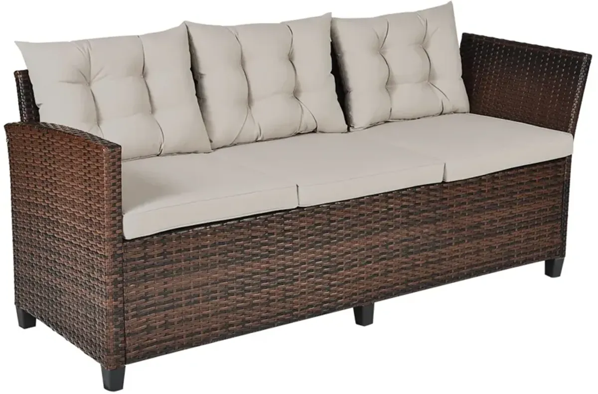 3 Pieces Hand-Woven Rattan Outdoor Sofa Set with Dining Table