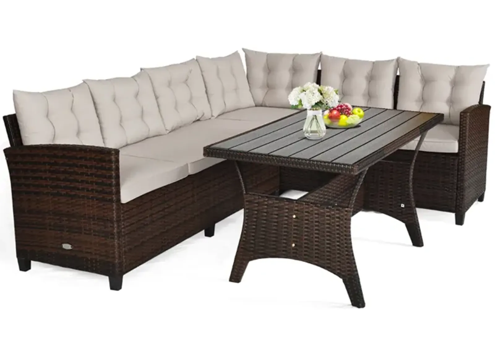 3 Pieces Hand-Woven Rattan Outdoor Sofa Set with Dining Table