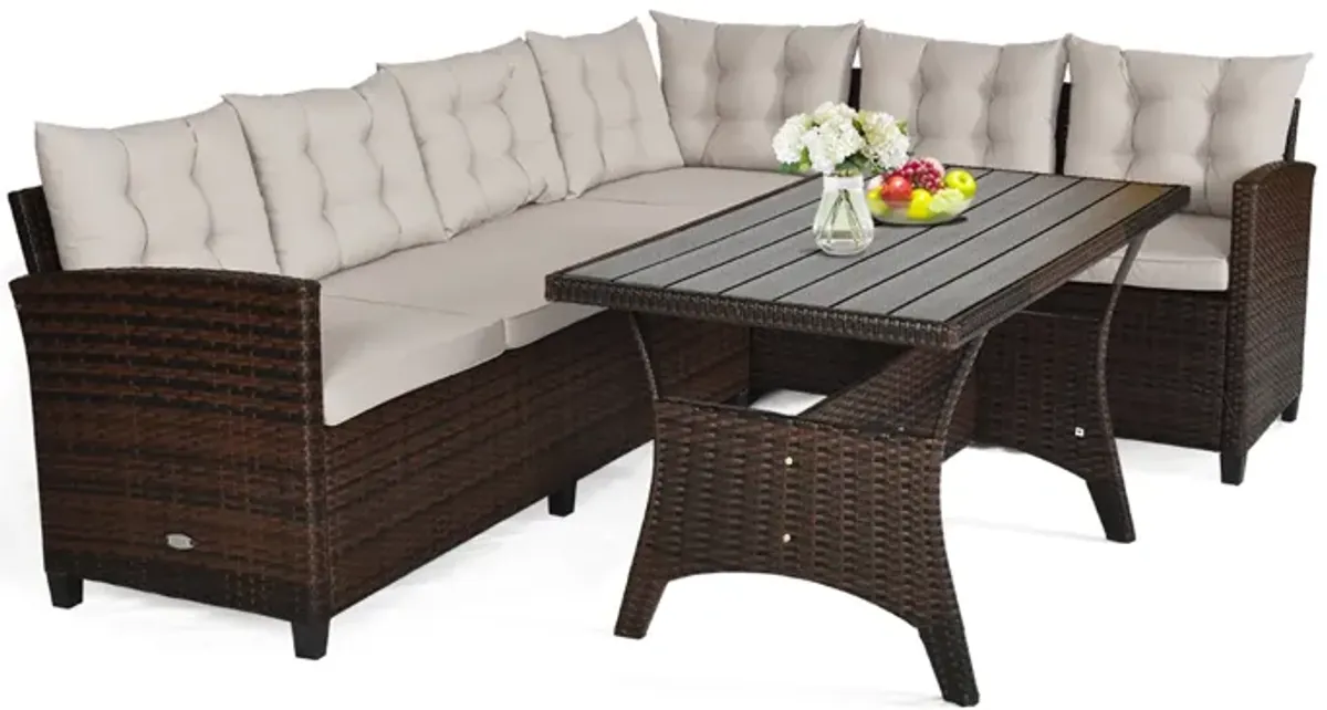 3 Pieces Hand-Woven Rattan Outdoor Sofa Set with Dining Table