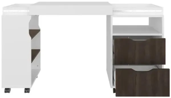 Odessa Extendable Desk, 2 Drawers, 4 Shelves, 4 Wheels, White/Walnut