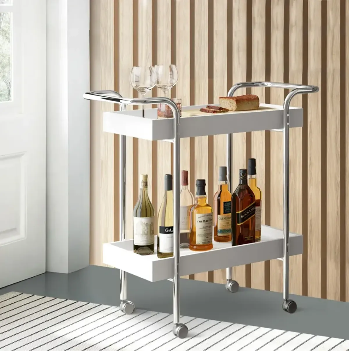 Storage Cart With 2 Tier Design And Metal Frame, White And Chrome