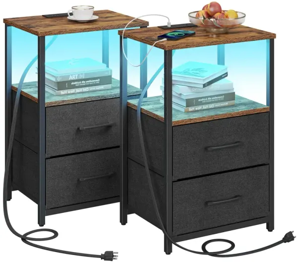 TUTOTAK LED End Table with Charging Station, Nightstand with Cloth Drawer, Side Table with 1 USB Port and 1 Type-C Port, Set of
