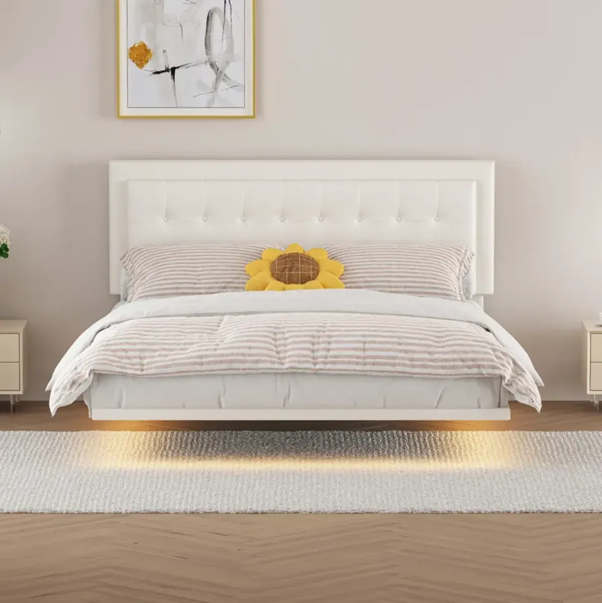 Floating Bed Frame with Night Lights, White