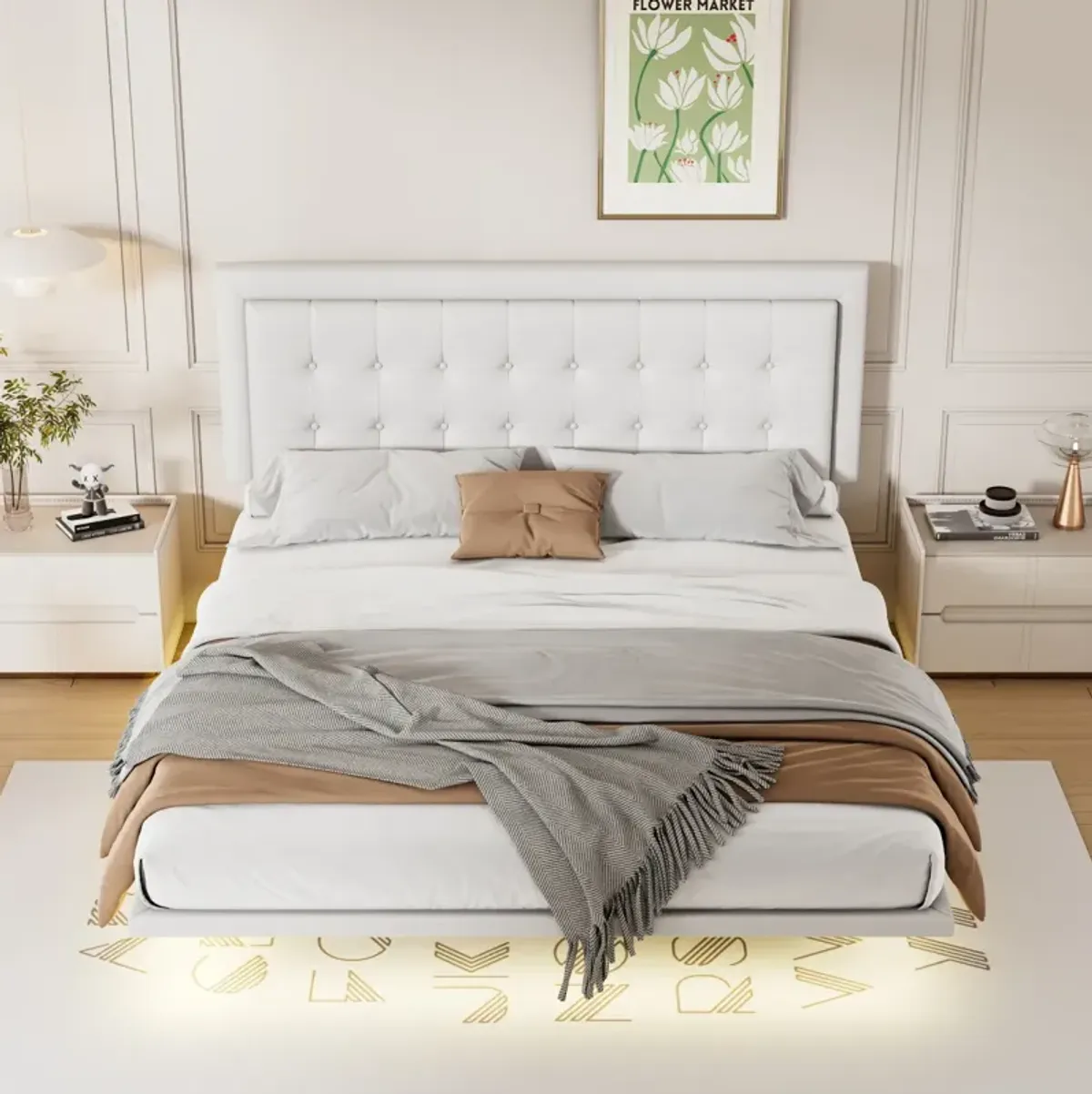 Floating Bed Frame with Night Lights, White