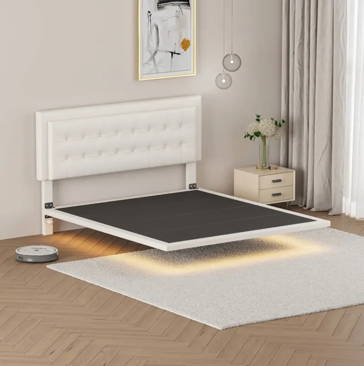 Floating Bed Frame with Night Lights, White