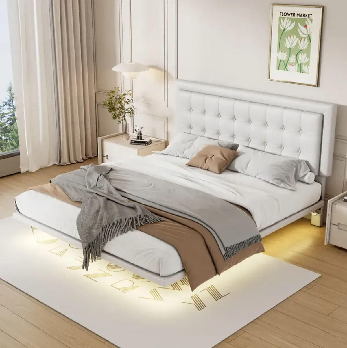 Floating Bed Frame with Night Lights, White