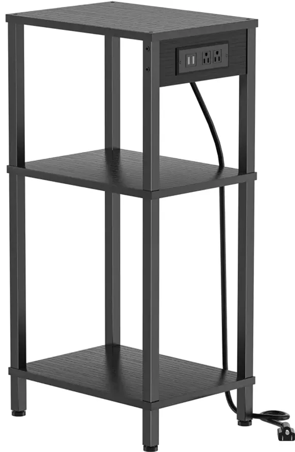 Creso hom Tall End Table with Charging Station and USB Ports, 3 Tier Narrow Side Table with Storage, Skinny Nightstand with Outl