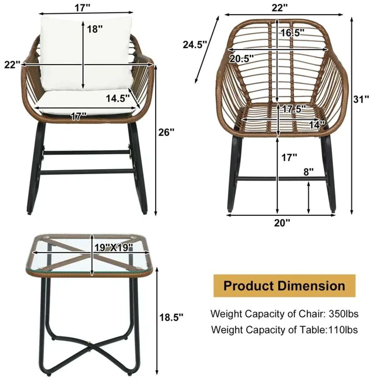 3 Pieces Patio Rattan Bistro Set Cushioned Chair Glass Table Deck