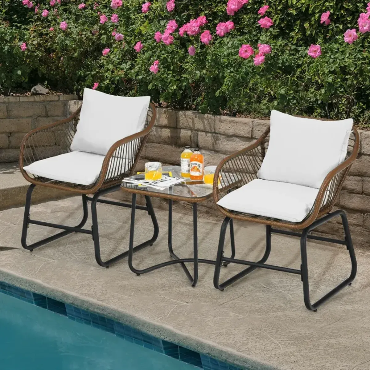 3 Pieces Patio Rattan Bistro Set Cushioned Chair Glass Table Deck