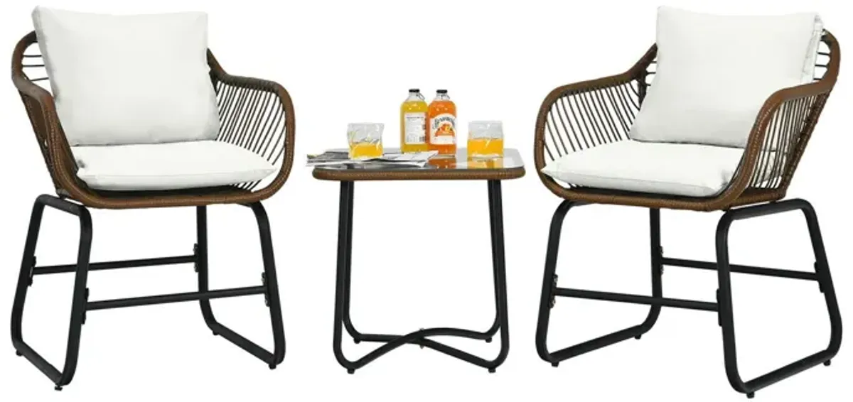 3 Pieces Patio Rattan Bistro Set Cushioned Chair Glass Table Deck