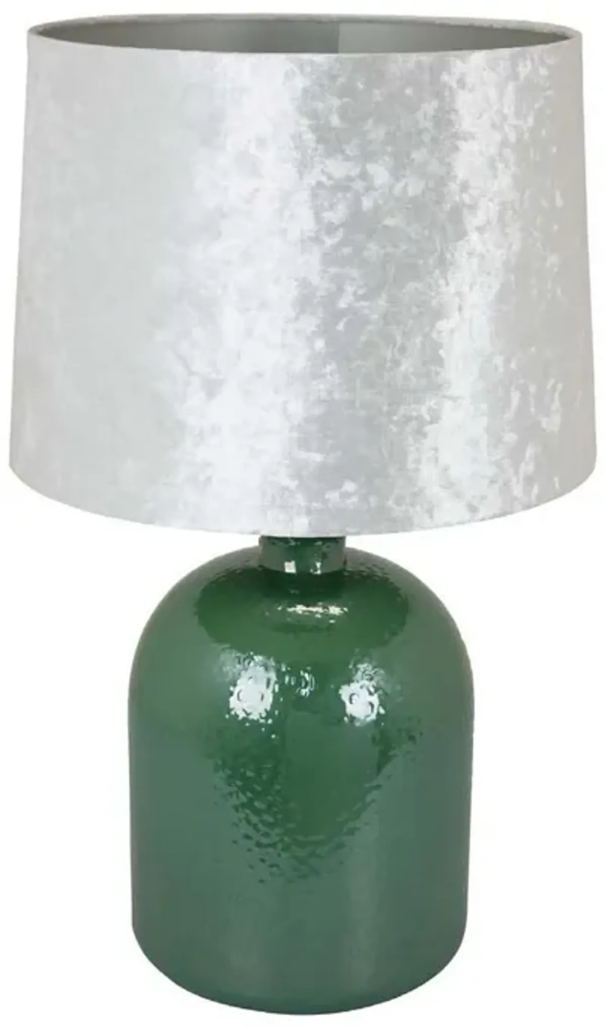 27 Inch Table Lamp, Drum Shade, Round Drop Shaped Glass Body, Green Finish - Benzara