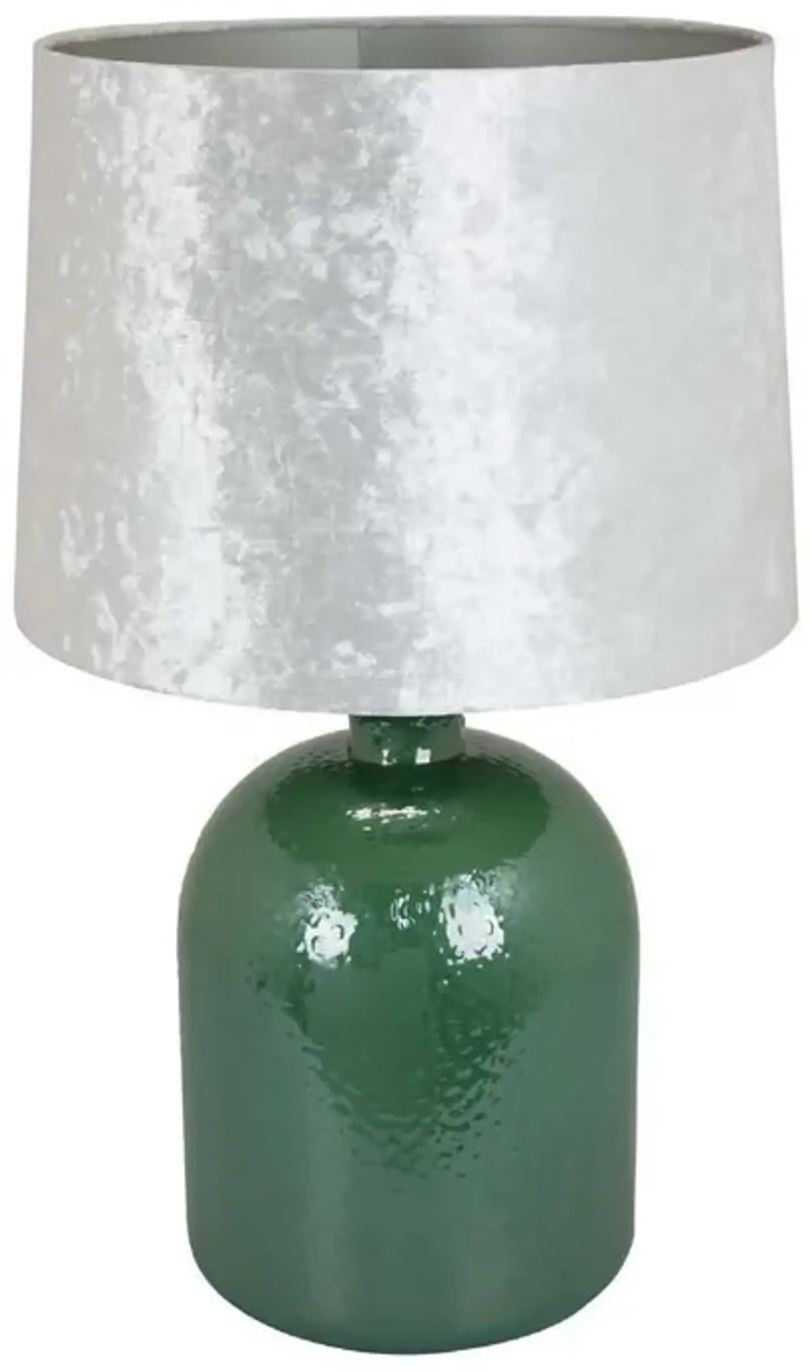 27 Inch Table Lamp, Drum Shade, Round Drop Shaped Glass Body, Green Finish - Benzara