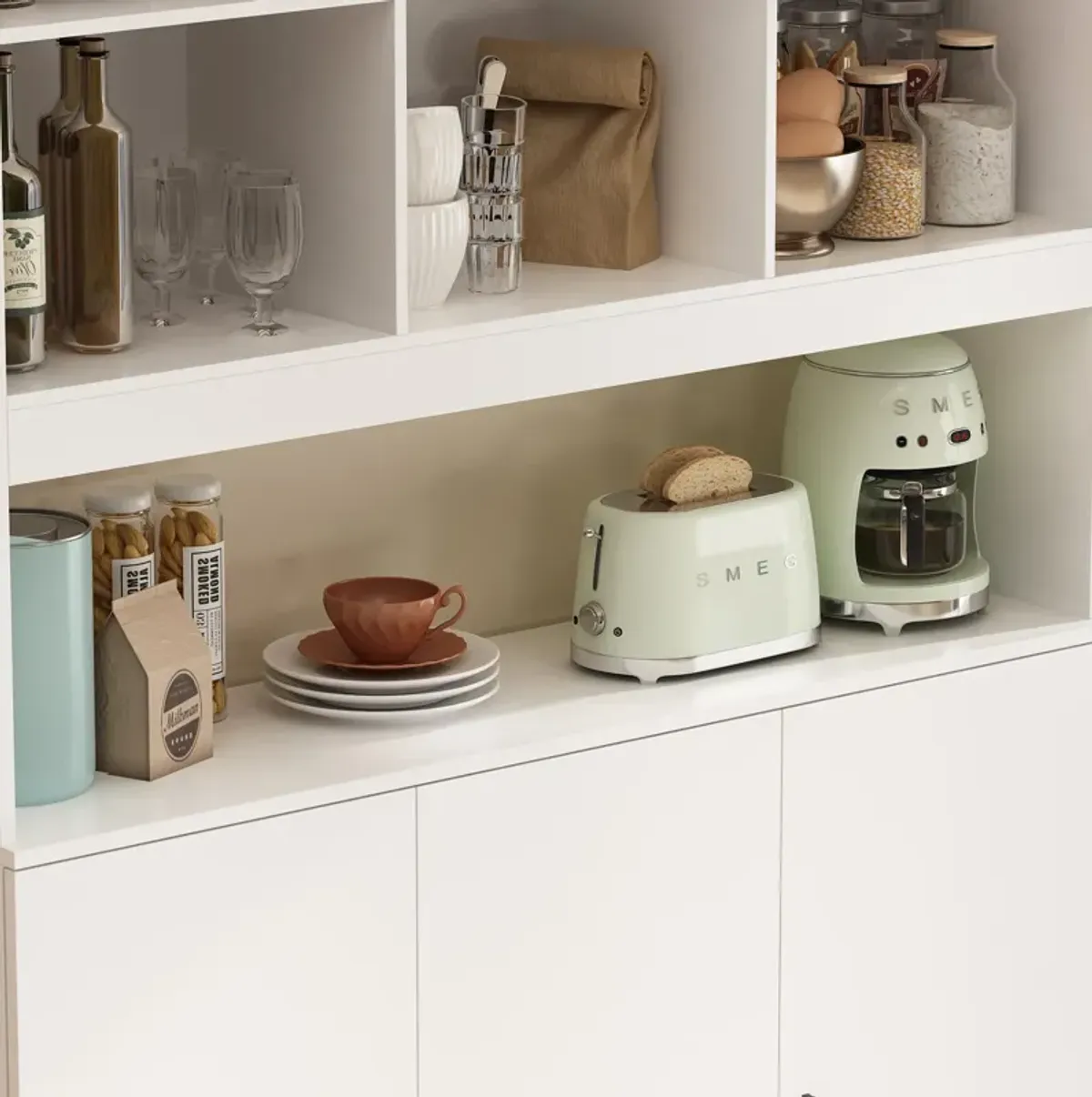 White Wood Storage Cabinet Buffet and Hutch Combination Cabinet With Shelves