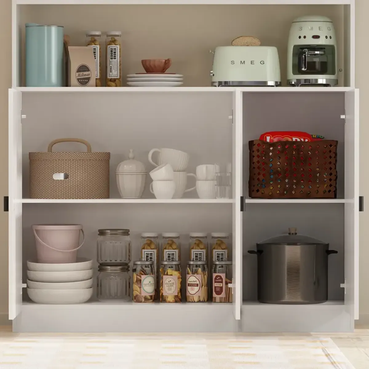 White Wood Storage Cabinet Buffet and Hutch Combination Cabinet With Shelves