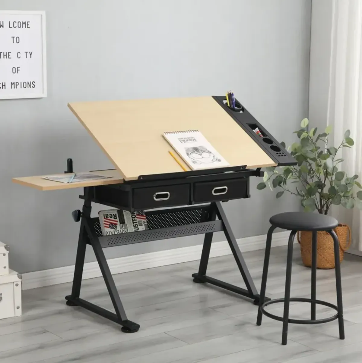 Adjustable drawing drafting table desk with 2 drawers for home office and school with stool(wood)