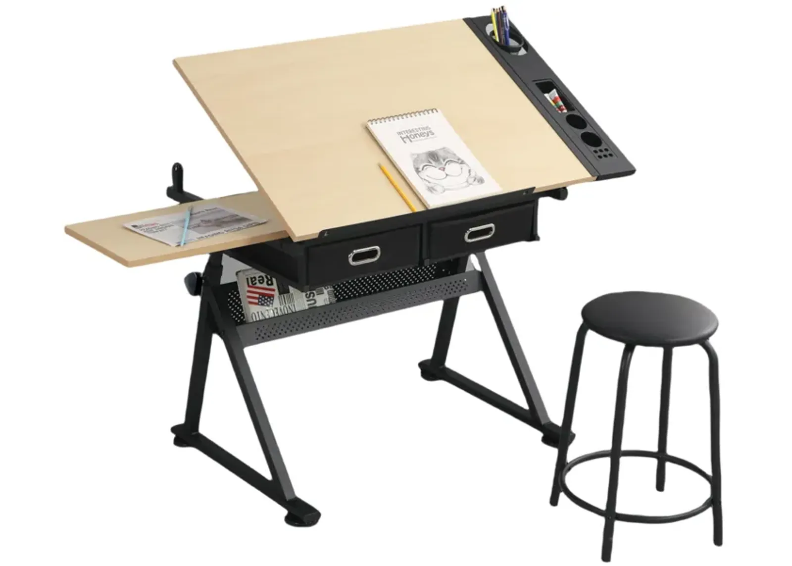 Adjustable drawing drafting table desk with 2 drawers for home office and school with stool(wood)