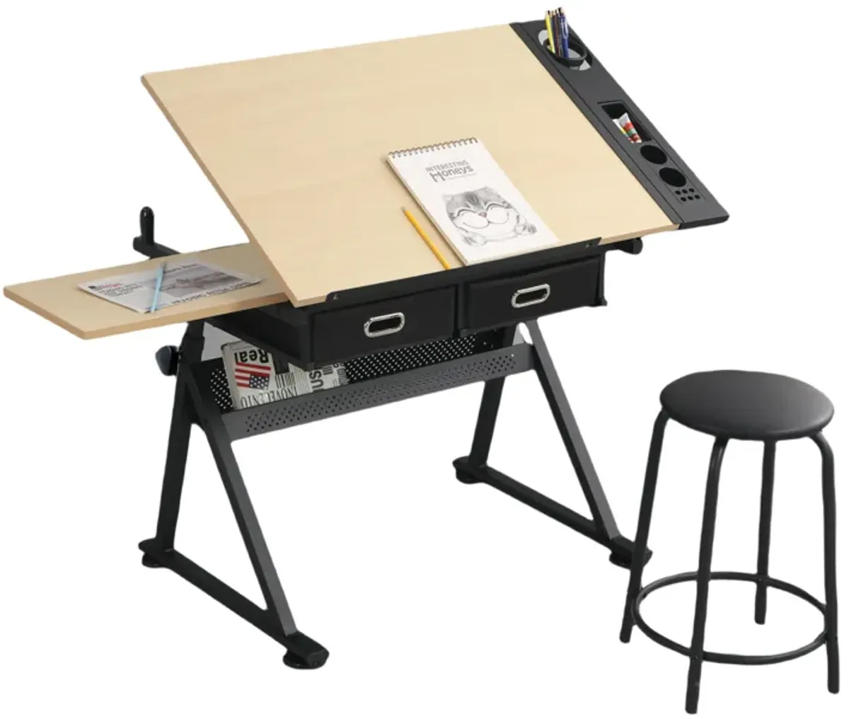 Adjustable drawing drafting table desk with 2 drawers for home office and school with stool(wood)