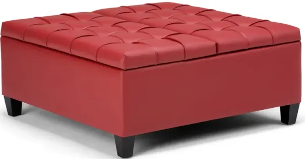 Harrison 36 inch Wide Transitional Square Coffee Table Storage Ottoman in Crimson Red Faux Leather