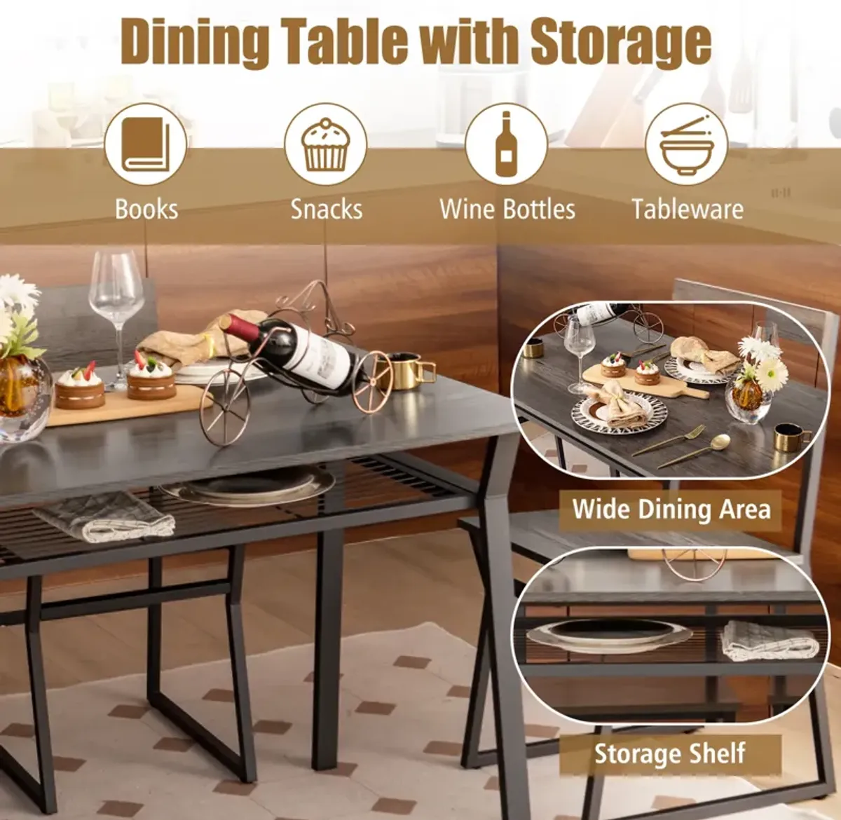 5 Piece Dining Table Set with Storage Rack and Metal Frame