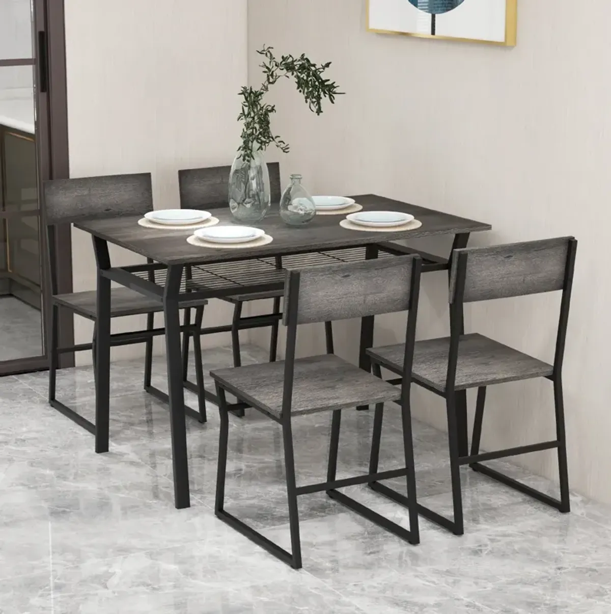 5 Piece Dining Table Set with Storage Rack and Metal Frame