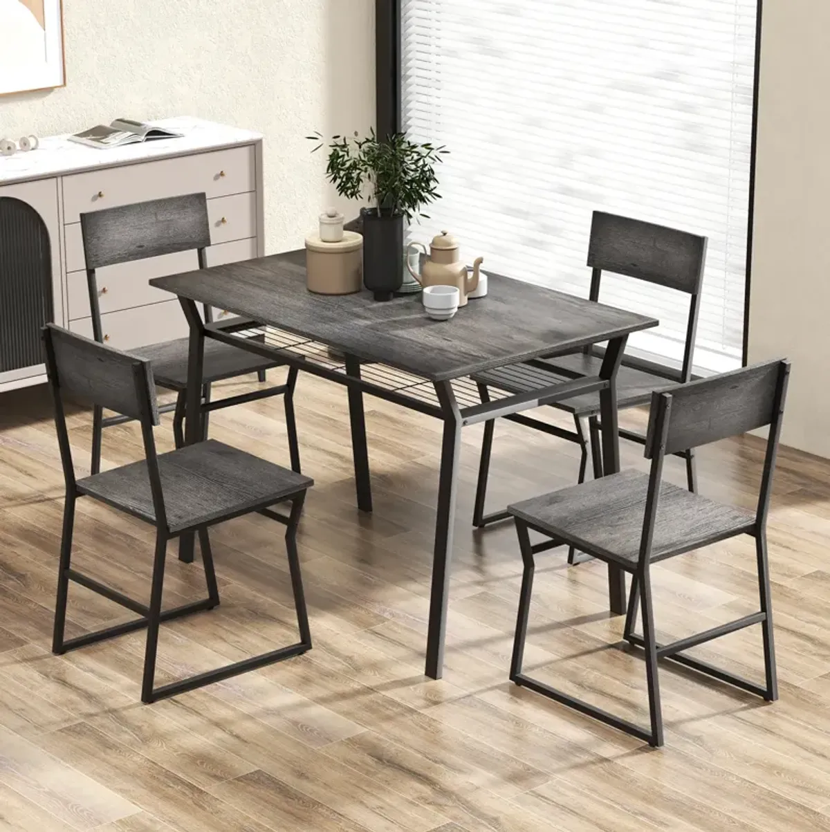 5 Piece Dining Table Set with Storage Rack and Metal Frame