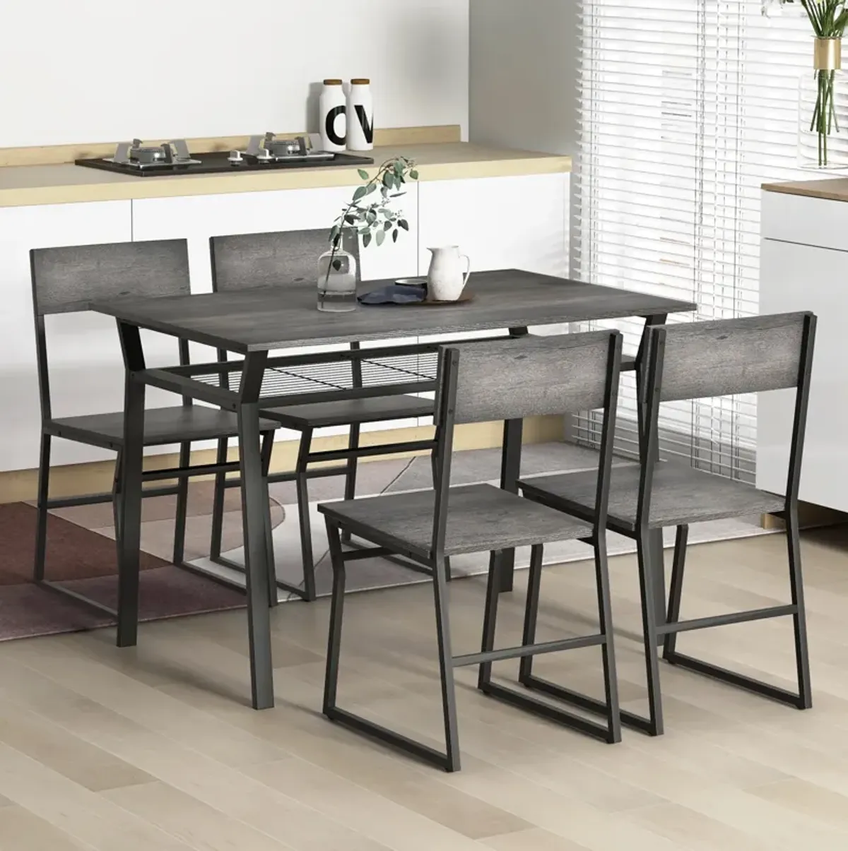 5 Piece Dining Table Set with Storage Rack and Metal Frame