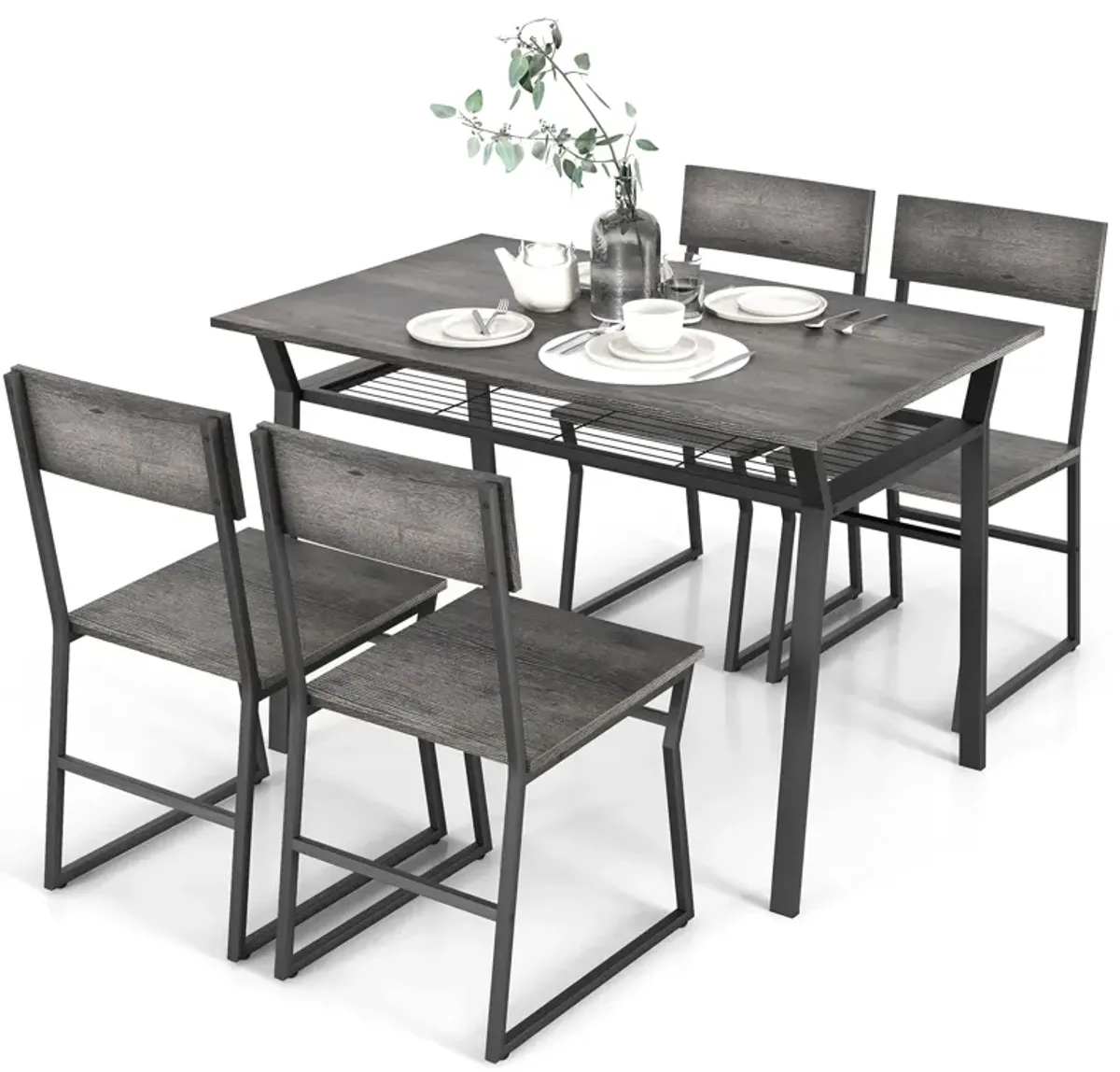 5 Piece Dining Table Set with Storage Rack and Metal Frame