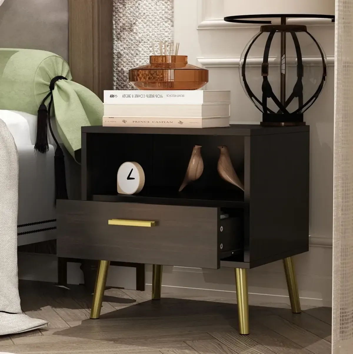 Nightstands Bedside Tables End Tables with Drawer & Open Shelf, Gold Metal Legs,for Bedroom Living Room(19.5”W x 15.6”D x 20”H)