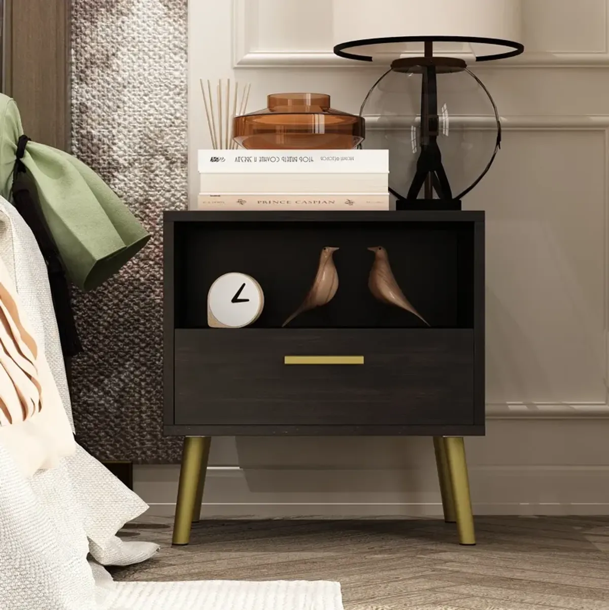 Nightstands Bedside Tables End Tables with Drawer & Open Shelf, Gold Metal Legs,for Bedroom Living Room(19.5”W x 15.6”D x 20”H)