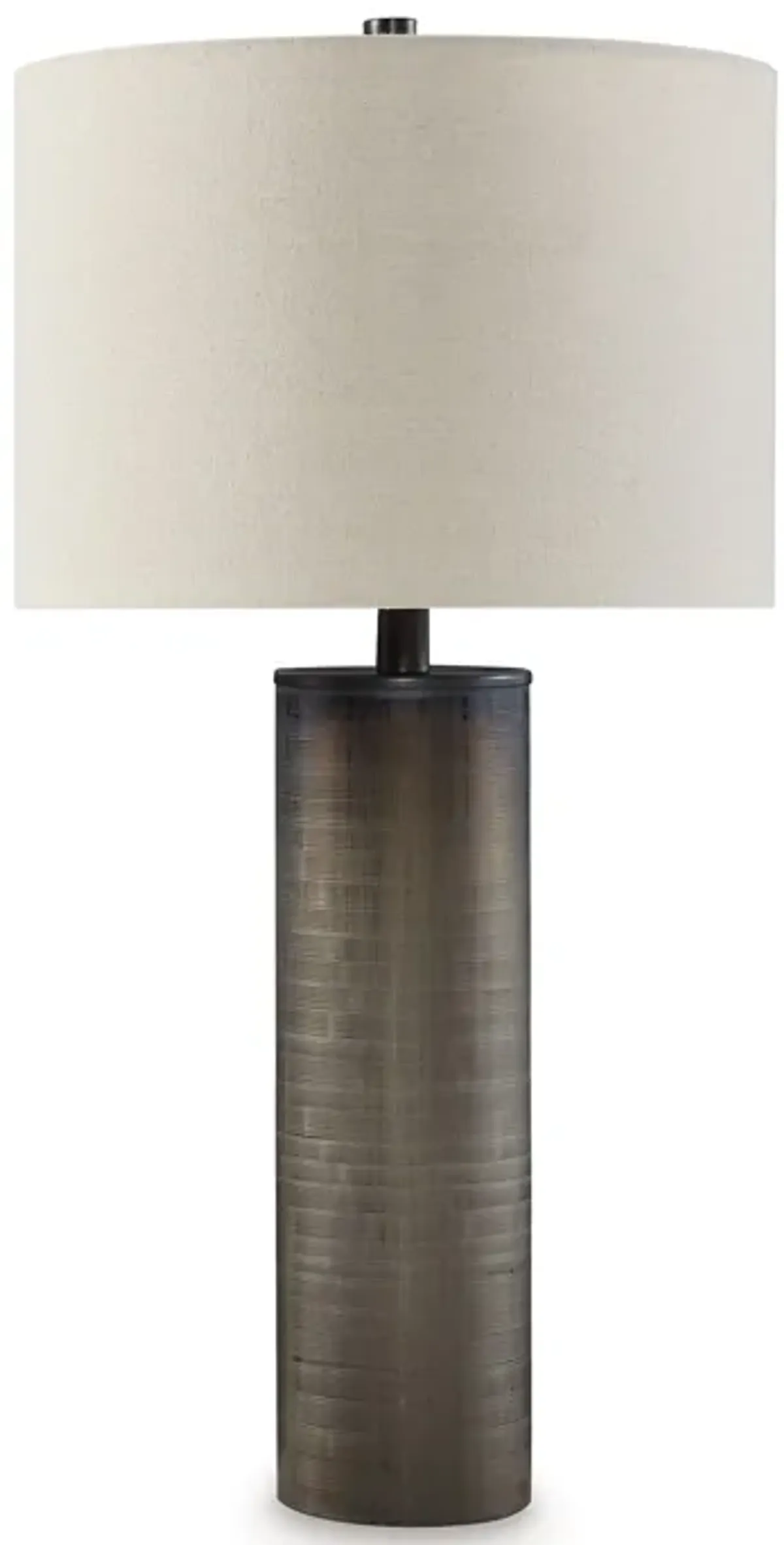 28 Inch Table Lamp, Brown Carved Frosted Glass, White Drum Fabric Shade - Benzara