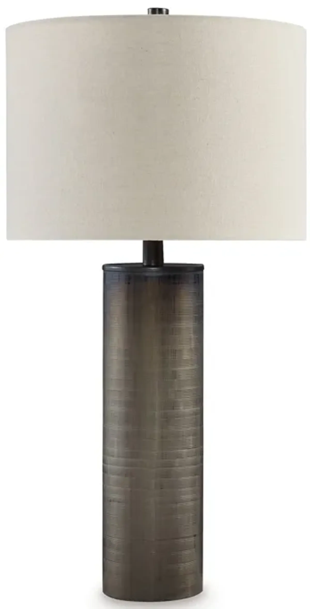 28 Inch Table Lamp, Brown Carved Frosted Glass, White Drum Fabric Shade - Benzara