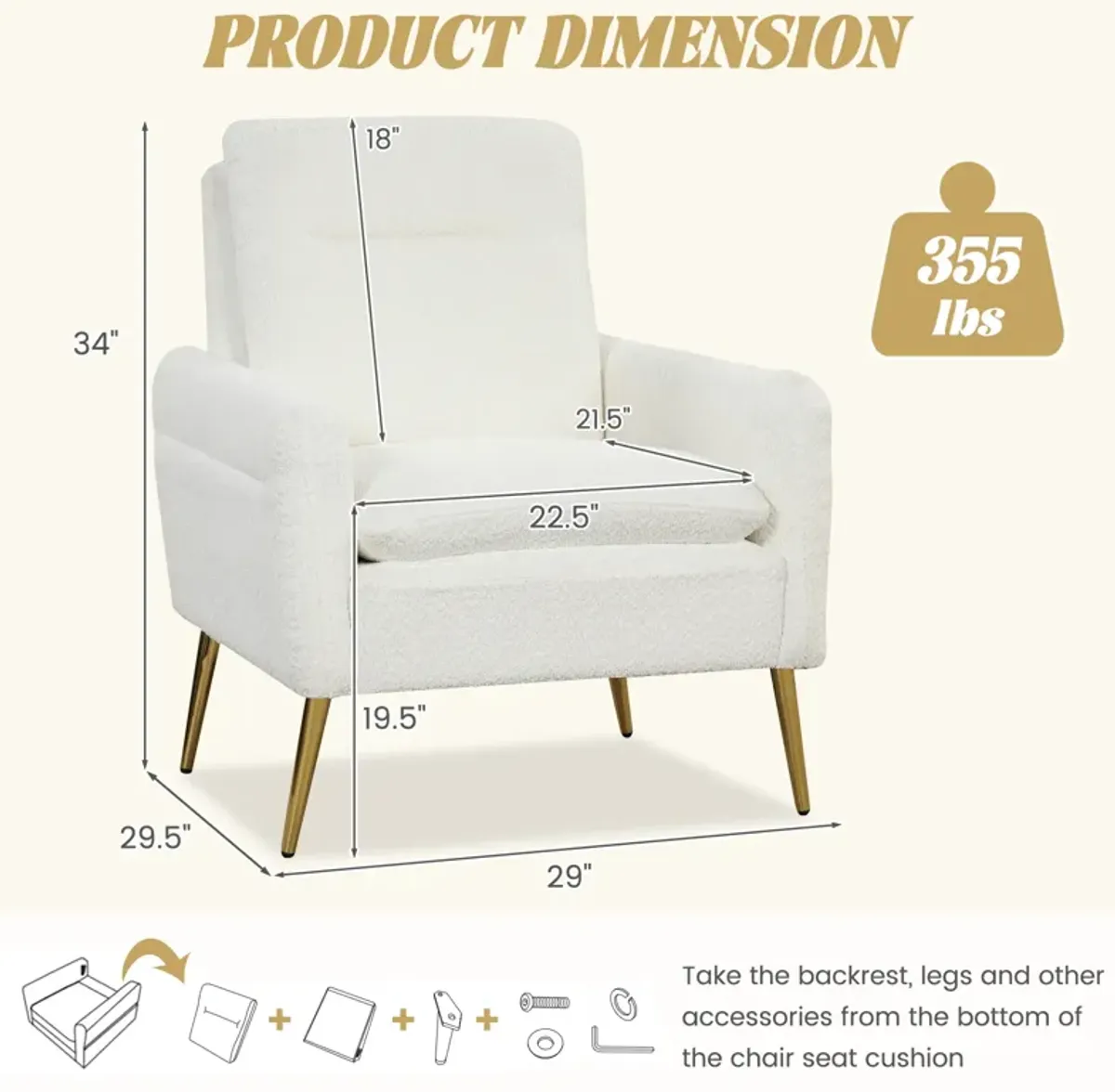 Upholstered Sherpa Modern Accent Armchair for Living Room-White