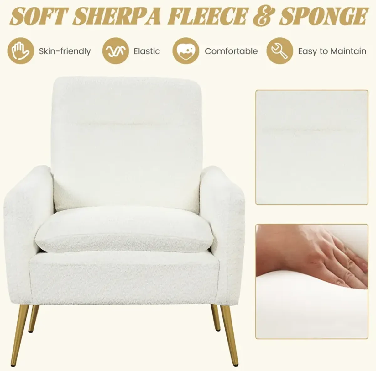 Upholstered Sherpa Modern Accent Armchair for Living Room-White