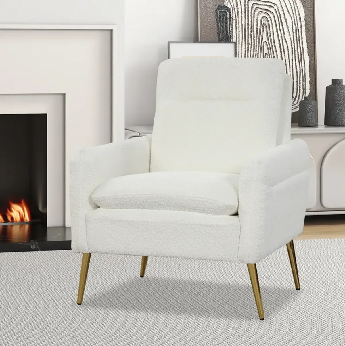 Upholstered Sherpa Modern Accent Armchair for Living Room-White