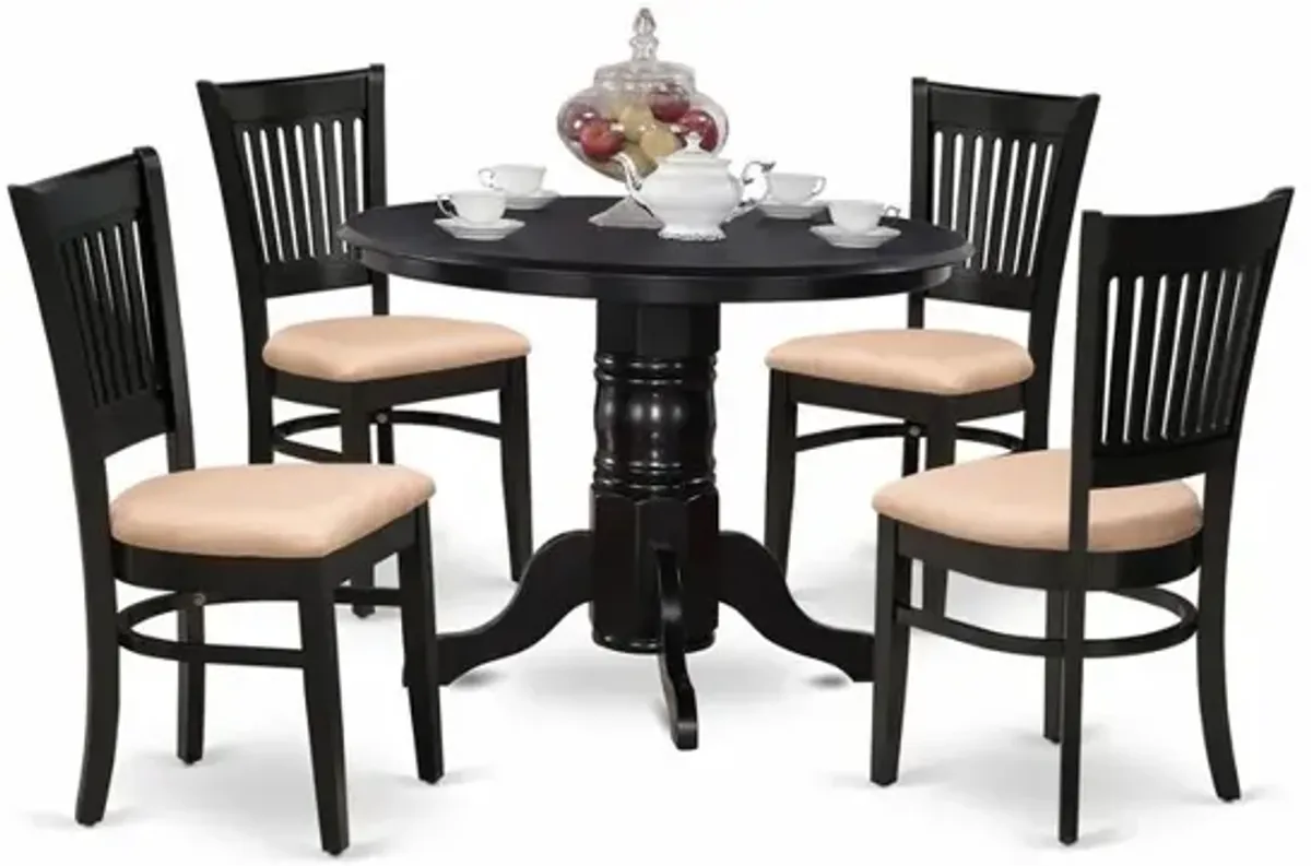 East West Furniture - SHVA5-BLK-C - 5-Pc Kitchen Dining Set- 4 Modern Dining Room Chair and Round Kitchen Table - Linen Fabric Seat and Slatted Chair Back - Black Finish