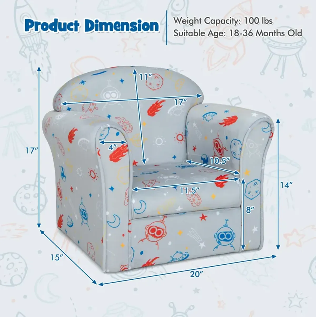 Toddler Upholstered Armchair with Solid Wooden Frame and High-density Sponge Filling