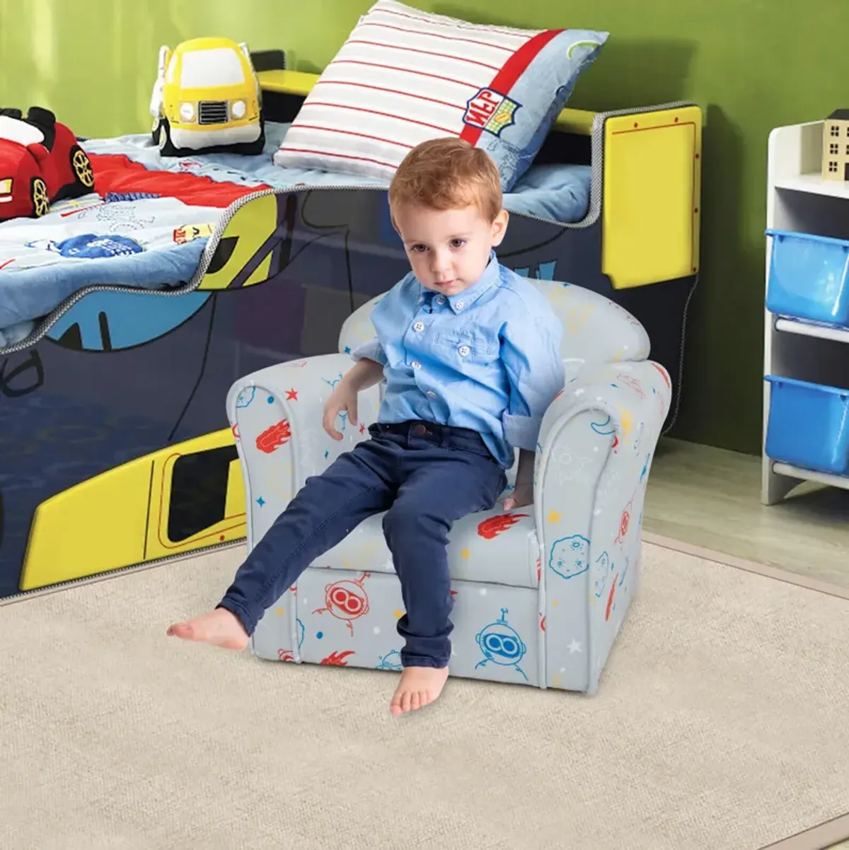 Toddler Upholstered Armchair with Solid Wooden Frame and High-density Sponge Filling