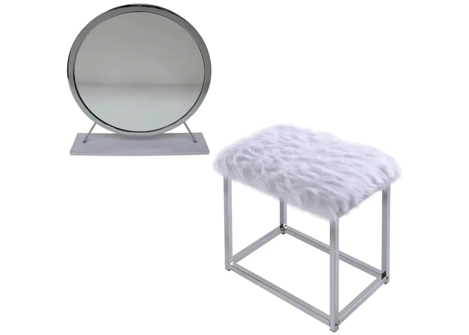 ACME Adao Vanity Mirror & Stool, Faux Fur, Mirror, White & Chrome Finish